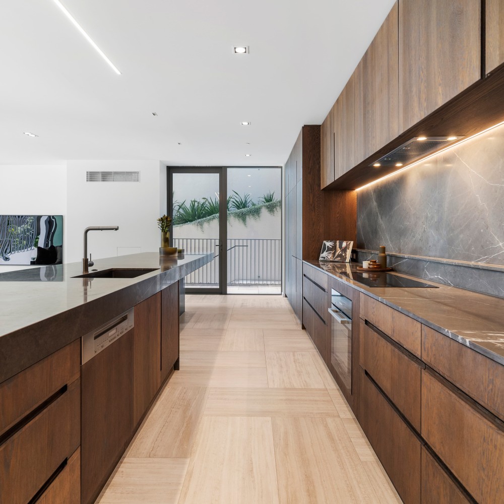 Resized for web Edition apartments Pietra Grey marble kitchen island benchtop and splashback